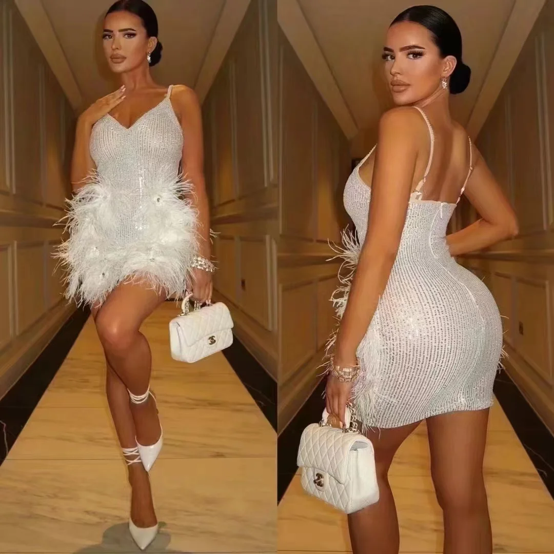 

Hot Sale Women Sleeveless Sexy V-Neck Bodycon Mini Dress Shinning Sequins Feathers Celebrate Evening Party Nightclub Dress