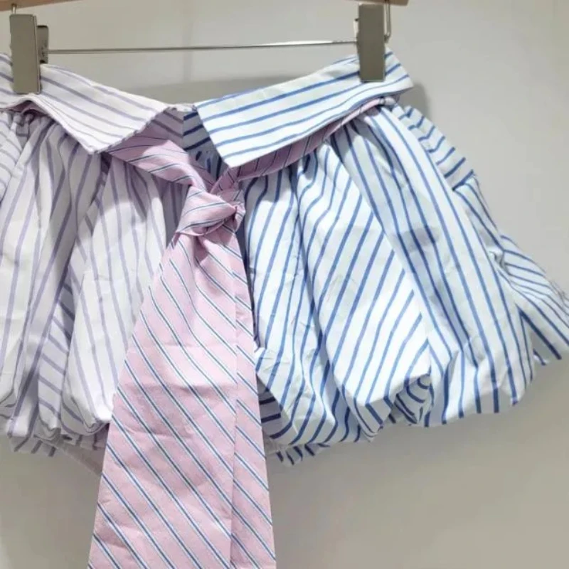 Y2K Słodka Uliczna Spódniczka Mini w Paski Damska Estetyczna Patchworkowa Spódniczka w Paski z Wysokim Stanem, Dopasowana, Krótka Spódniczka z Wiązaniem na Lato