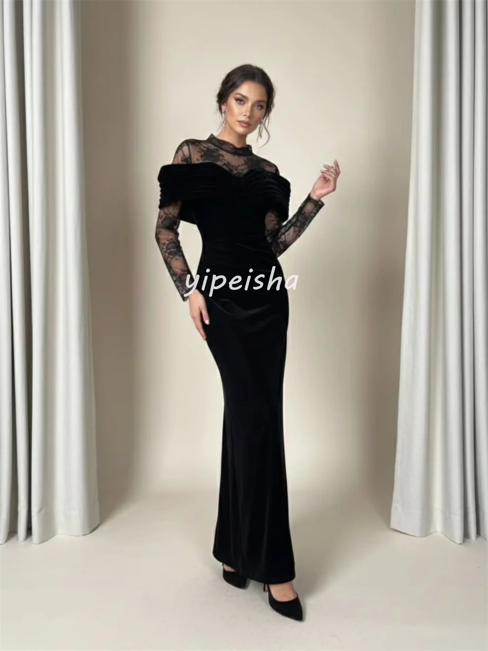 Customized Matching Fashion Velour Lace Pleat Mermaid High Collar Midi Dresses Evening Dresses Sizes Available High Quality Sexy