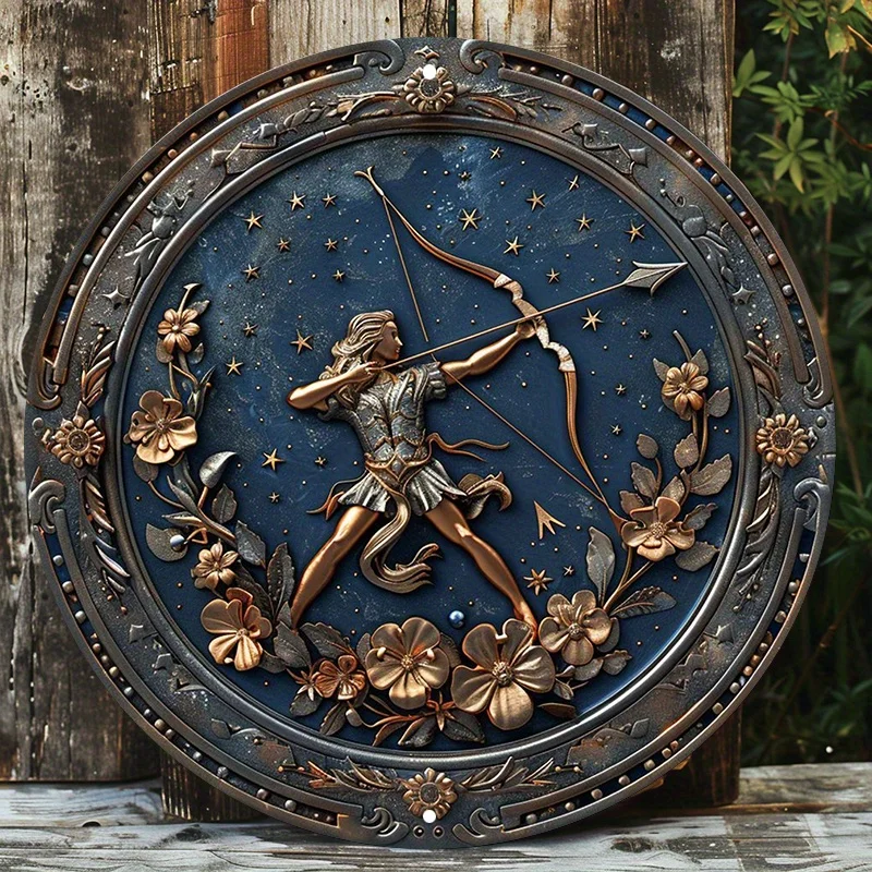 Sagittarius Zodiac Sign Archer, Aluminum Metal Wall Decor Sign, Round, Waterproof, Outdoor, Indoor, Door Hanger, 8in&11.8in 1PC