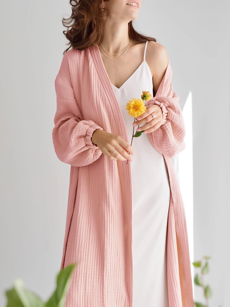 Linad Solid Color Sleepwear Women\'s Robe Puff Sleeves Bathrobe Female Nightwear Cotton Robes Women Home Wear Spring Loungewear