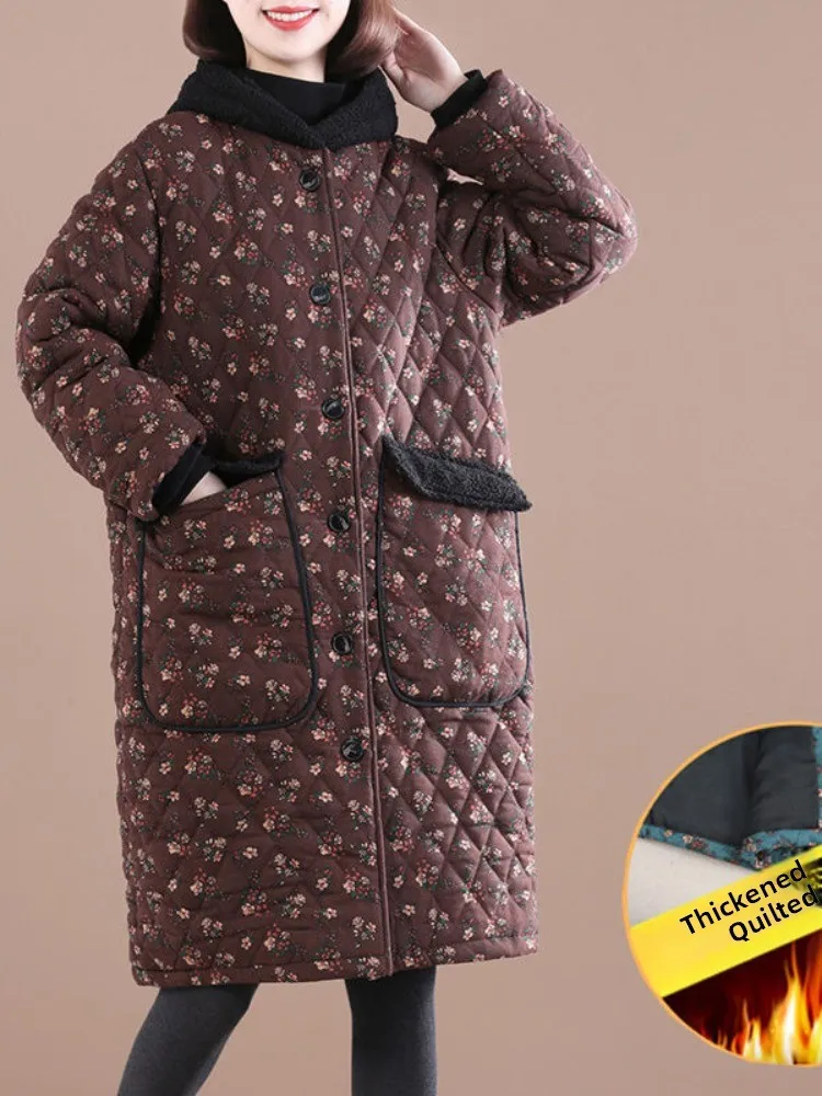 

Женская зимняя теплая хлопковая куртка с капюшоном, узором в ромб и цветочным принтом, утепленная хлопковым наполнителем, средней длины, верхняя одежда