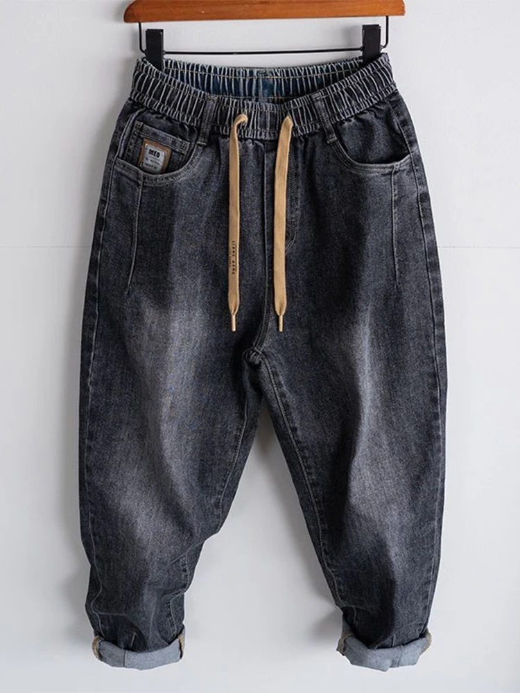 

Мужские джинсы большого размера с флисовой подкладкой, винтажные, с эффектом потертости, свободного прямого кроя, с высокой талией, в стиле Harlan, длинные брюки для повседневной носки