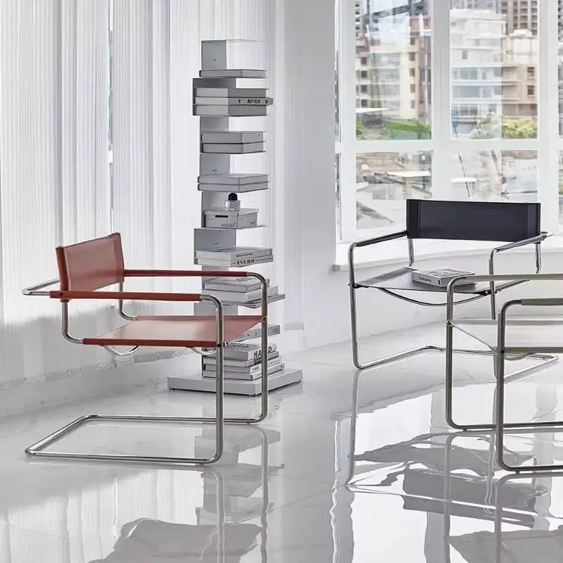 for Marcel Breuer Dining Style Modern Office Armchair Stainless Steel Chair Frame Leather Room Upholstered Accent Living Room
