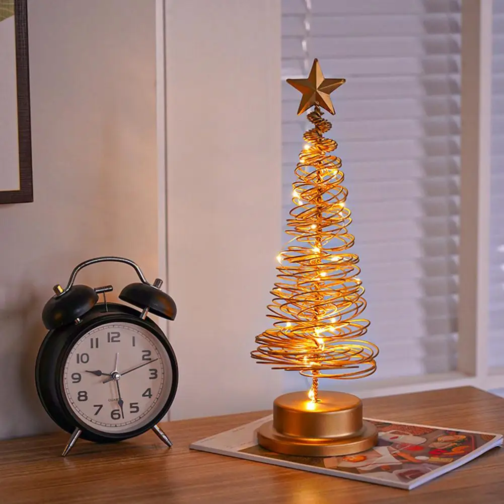 

LED Christmas Tree Spiral Light Table Ornament Wrought Iron Xmas Tree Bedroom Desk Lamp Christmas Atmosphere Night Light Decor