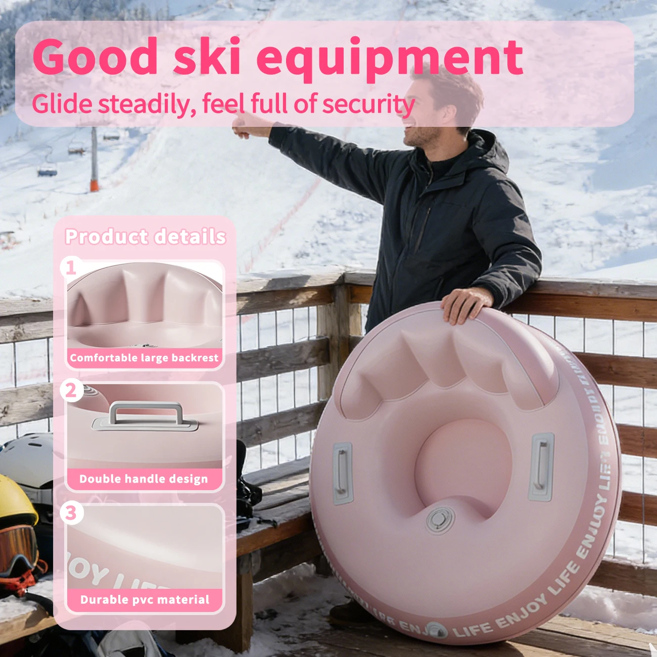 1PC Large Backrest Ski Ring - Low Temperature Resistant Snow Tube with Double Handles & Quick Inflation Design,Pink