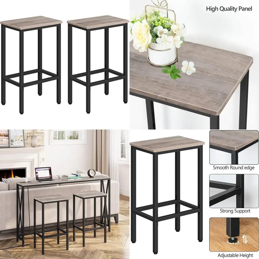 زوج من مقاعد البار ذات الطراز الصناعي باللون الرمادي مع مساند للقدمين، ارتفاع 25.8، للمطبخ وغرفة الطعام BAHG0101Z