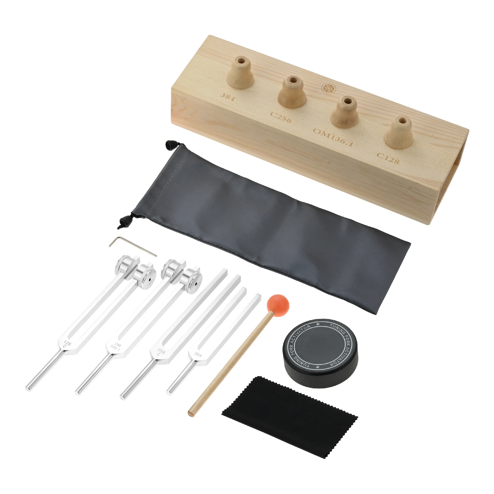 1Set Tuning Fork Set 128Hz 136.1Hz 256Hz 384Hz with Puck Activator Wooden Sound Box Base Diapason Chakras Music Therapy Gifts