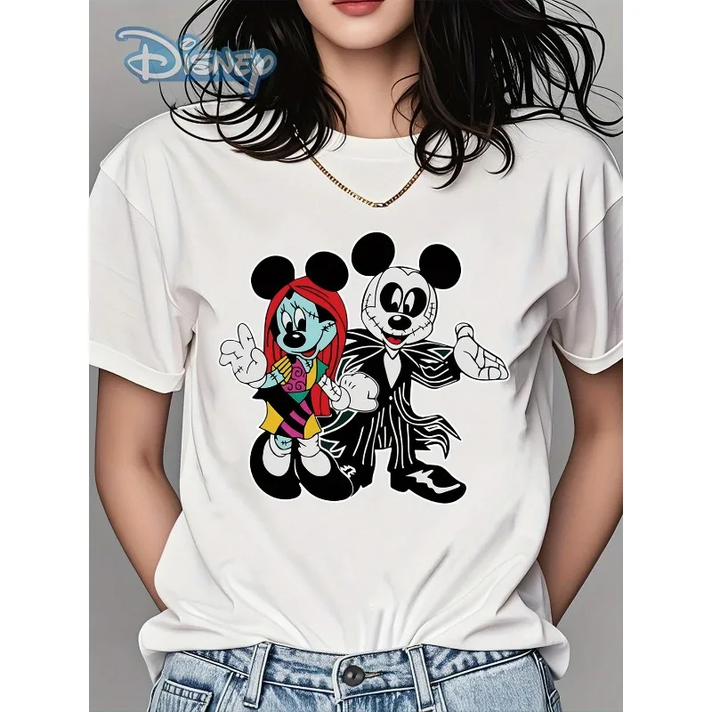 

2025 New Jack and Sally Micky Fun Print T-Shirt Christmas Women's Cotton Casual Loose Round Neck Y2K Harajuku Top T-Shirt