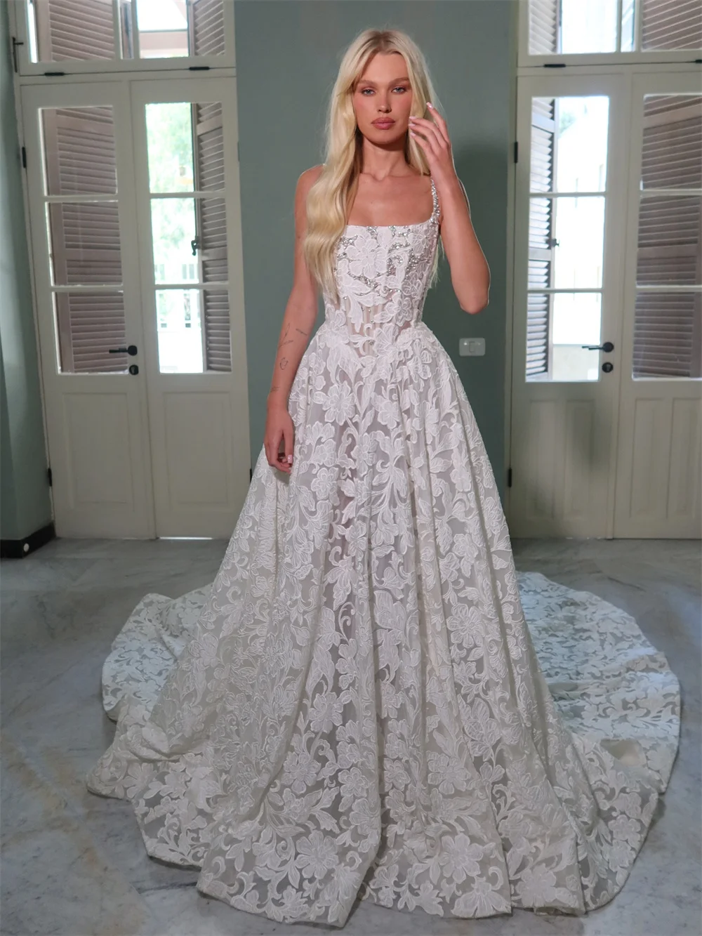 Kyoto personnalisé pleine dentelle Appliques a-ligne robe de mariée Spaghetti sangle Corset vestidos de novia parole longueur robes de soirée