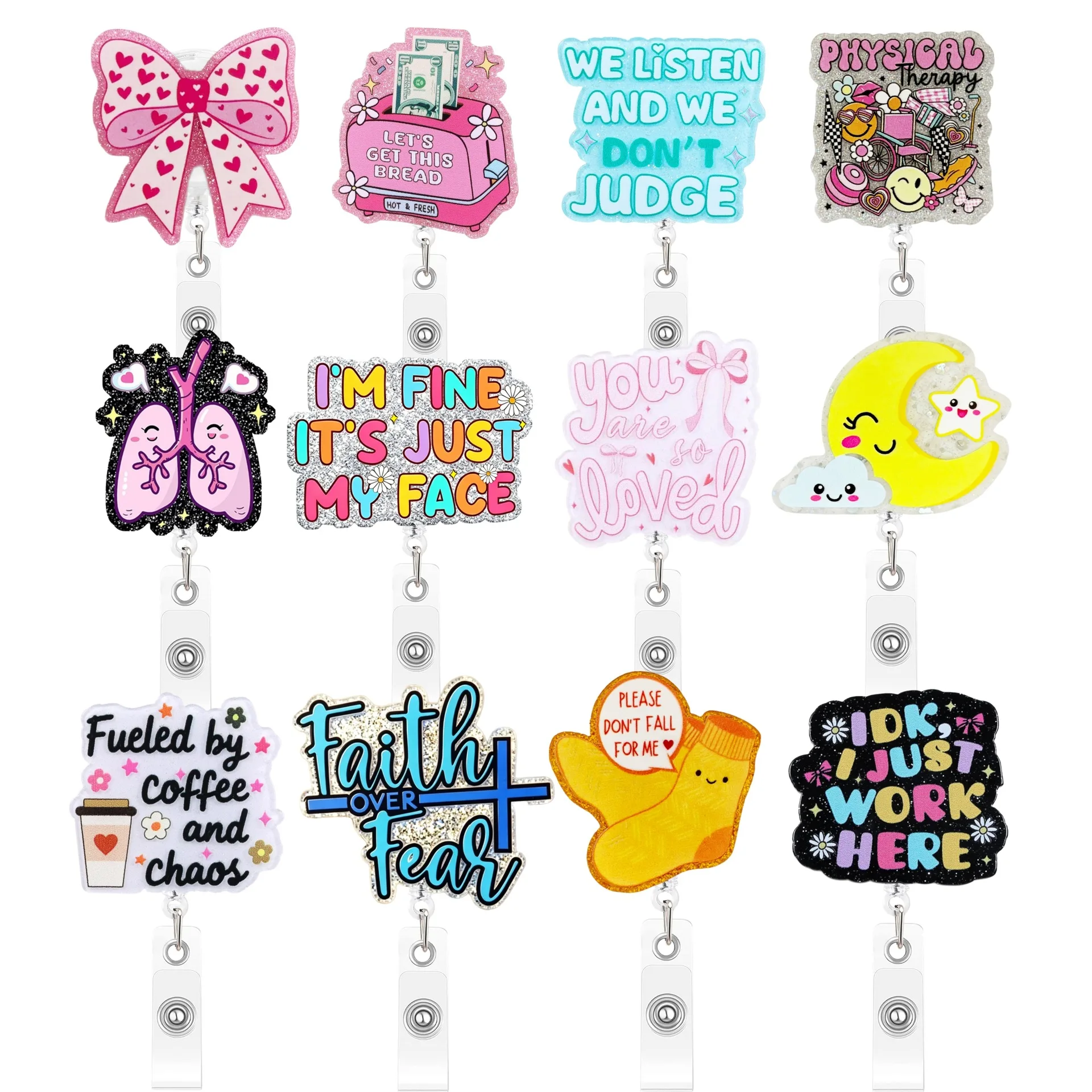 Hot Sales 1 Piece Shiny Acrylic Anime Retractable Nurse Badge Reel Alligator Clip Doctor Student Teacher Name Tag ID Card Holder