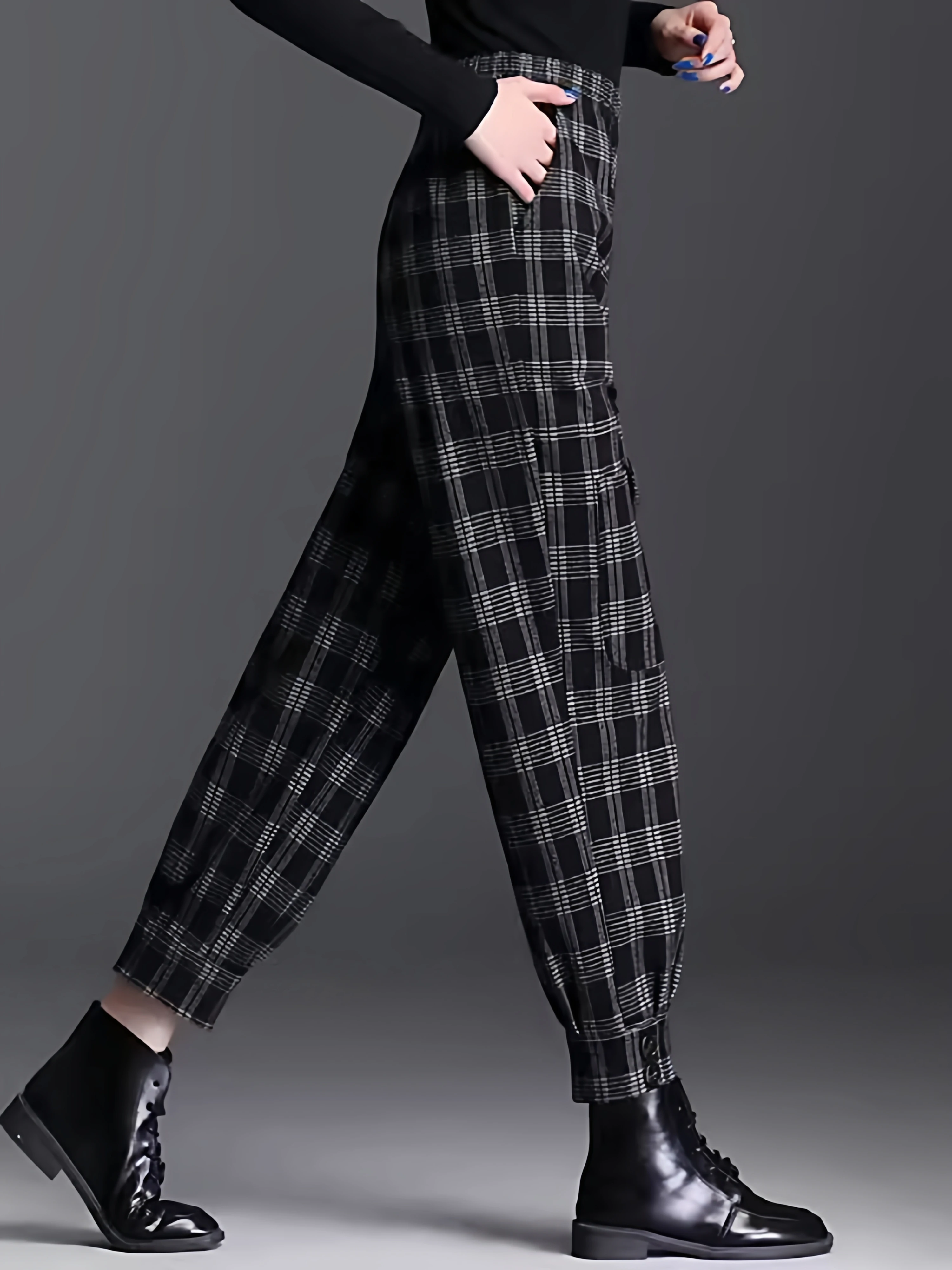 

High Waist Thickened Fleece Lined Harlan Pants Autumn Winter Loose Slimming Corduroy Casual Trousers for Women Warm Plaid