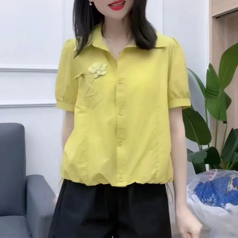 Fashion Floral Three-dimensional Decoration Shirt Summer Short Sleeve Female Clothing Solid Color Spliced Korean Shirring Blouse