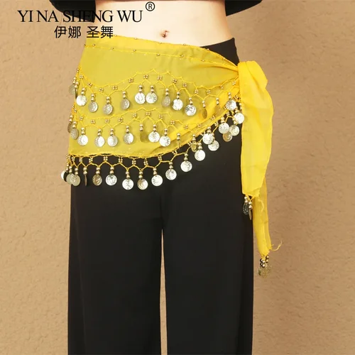 Imagen 2 del producto Bufanda de danza del vientre para mujer, cinturón envolvente, accesorios para actuación en escenario, falda de bailarina, monedas de oro, lentejuelas, borlas, trajes de cadena de cintura