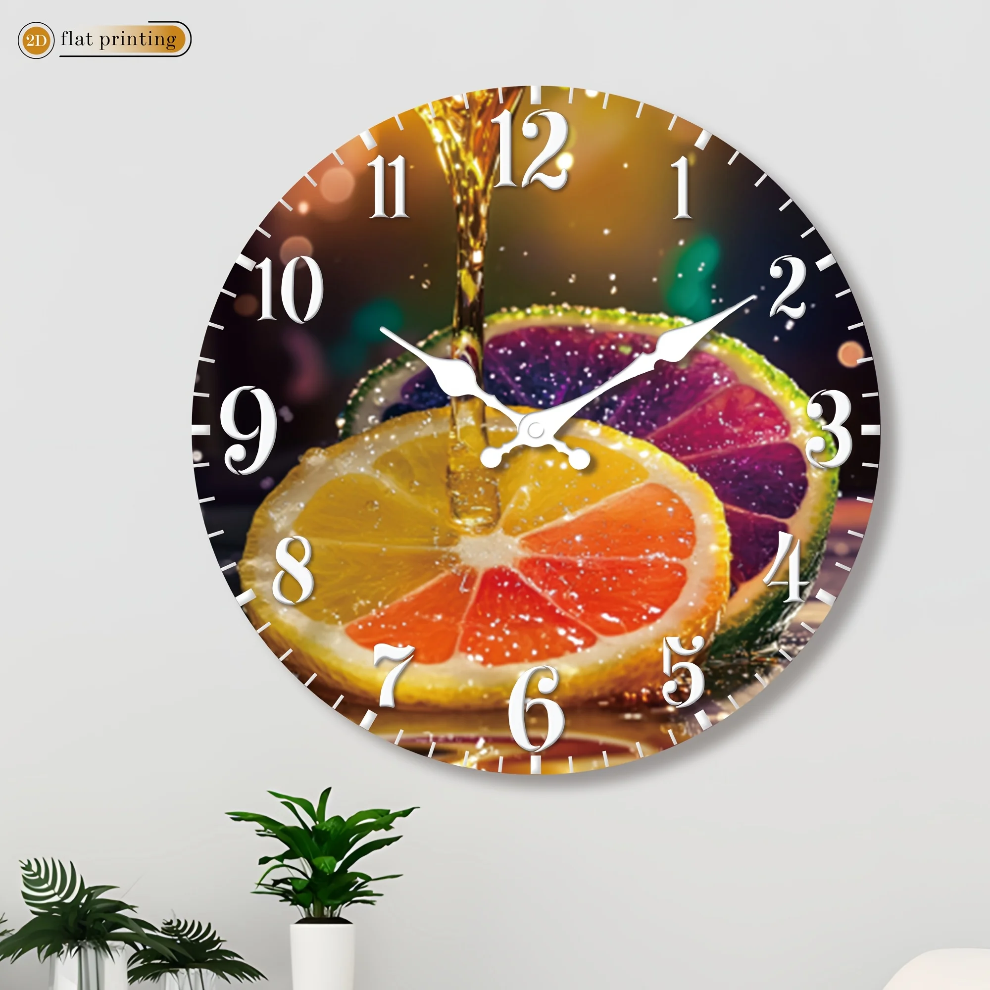 Citrus Fruit Slice Wall Clock, Wooden Home Silent Wall Clock-2D Flat Printing, Suitable for Decorating Restaurants, Kitchens, and Cafes, Easter, , Valentine's Day Gifts(AA Batteries Not Included), 2D Flat