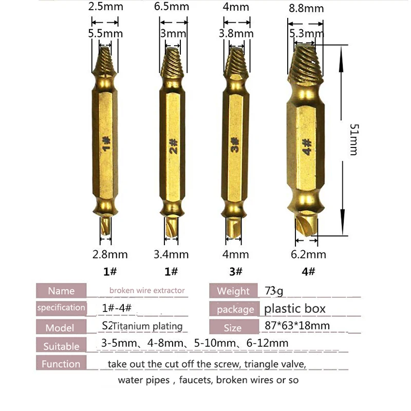 Double Side Drill Out Damaged Screw Remover Extractor Out Handymen Broken Bolt Stud Removal Tool Kit 4pc #1 #2 #3 #4