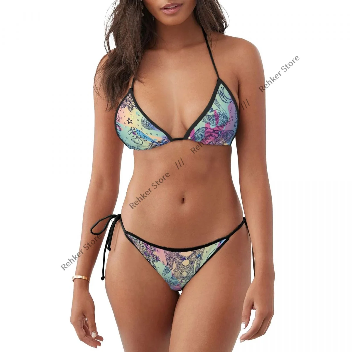 Sexy biquíni feminino maiô de duas peças banho boho colorido arco-íris ornamental hippie impressão maiô beachwear