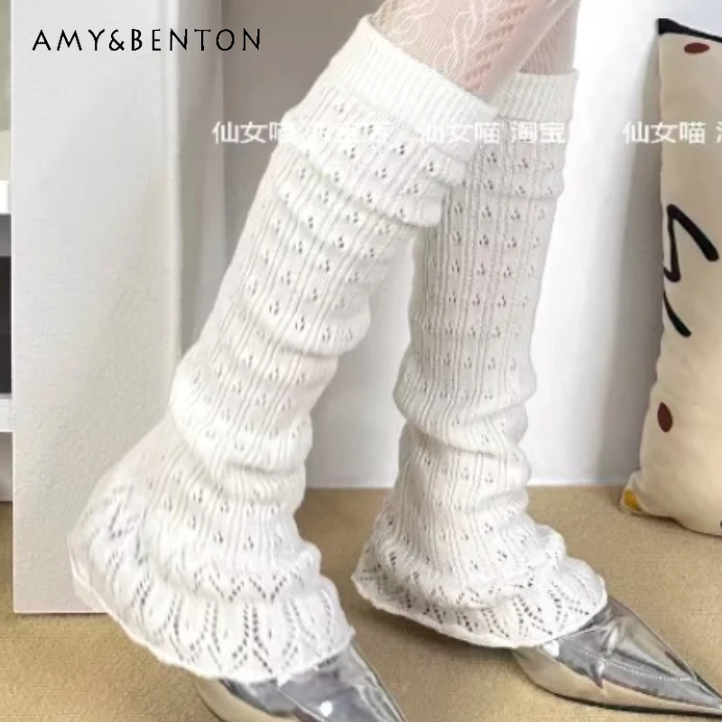 

Japanese Design Sweet Hollow Lace White Women's Socks Cover 2026 Spring Lolita Wide Leg Knitted Curled Lace Leg Warmers Ladies