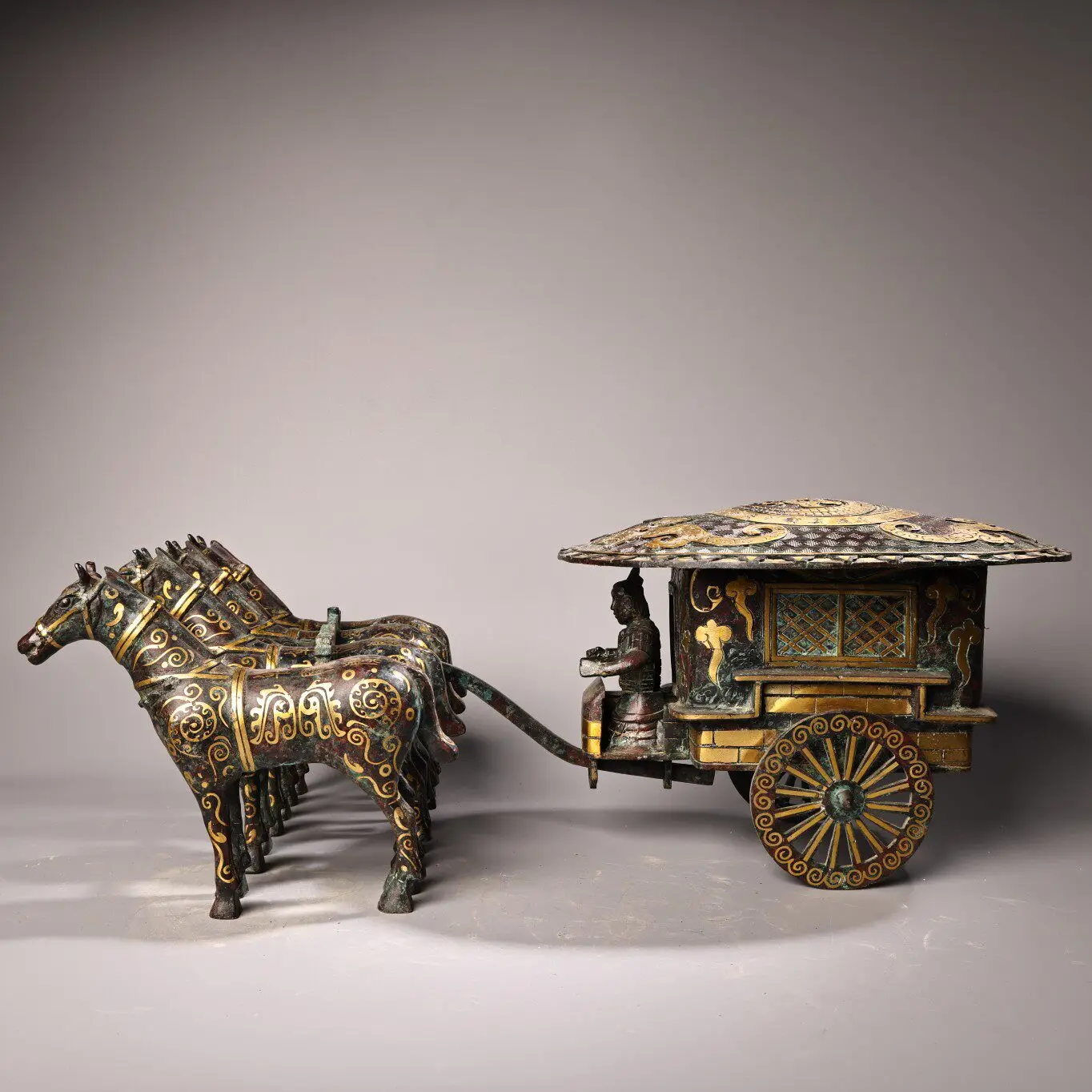 Vintage Chinese Bronze Gold Inlaid Horse Drawn Chariot Set with Inscription Heavy Patina Exquisite Craft