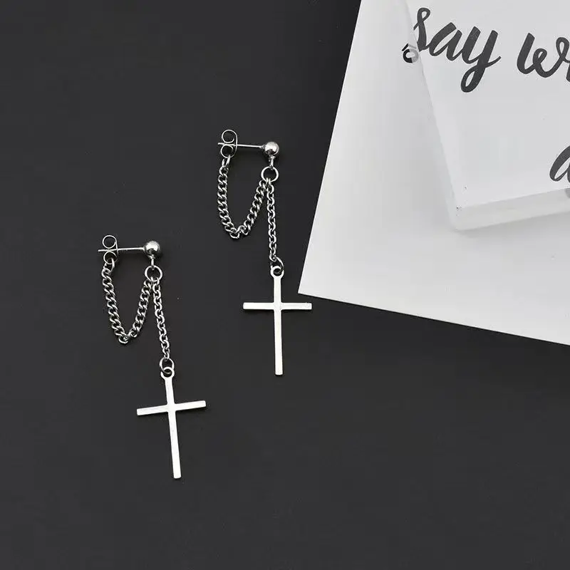 2 Pcs Punk Silver Color Cross Drop Earrings for Women Men Gothic Hip Hop Long Tassel Hanging Earring Jewelry Gift Bijoux