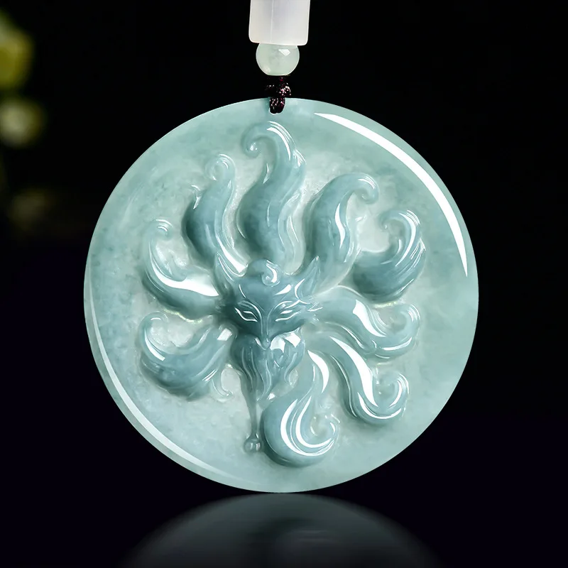 

Authentic Natural A-grade Jade Blue Water Fox Fairy Nine Tailed Pendant Glutinous Jadeite Charms Flower Piece Women's Jewelry