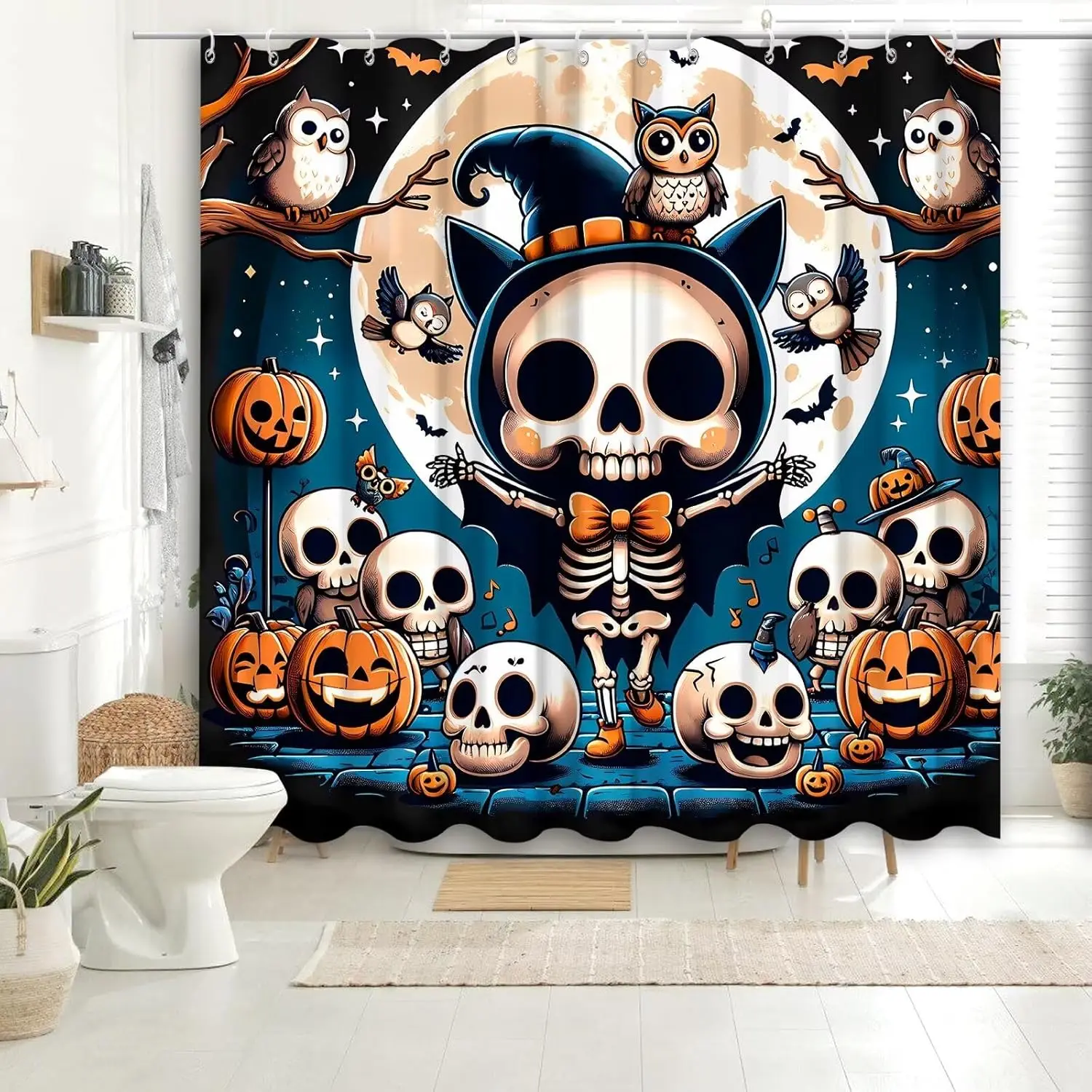 

Cute and Funny Halloween Shower Window Bathtub Curtains Sets with 12 Hooks Waterproof Bathroom Decoration Supplies 72x72in