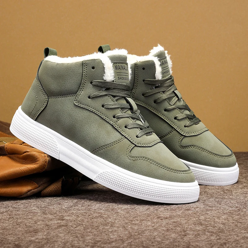 [sneakers] Men'S Winter Snow Footwear Featuring an Olive Green PU Upper, a Traction Sole Made of MD, And a Lace-Up Design. These