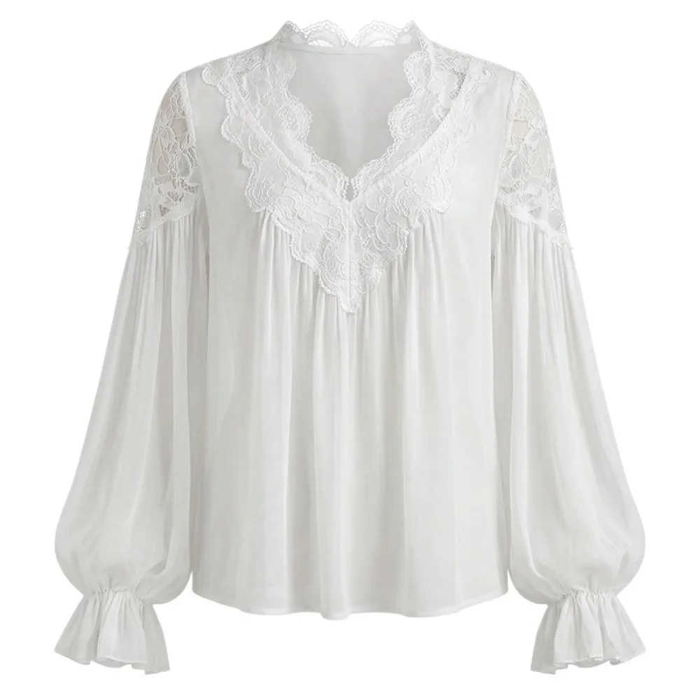 

Simple Shirt Lace Splicing Tops Breathable Comfortable V Neck Sheath Tees French Style Solid Color Lantern Sleeves Blouse Lady