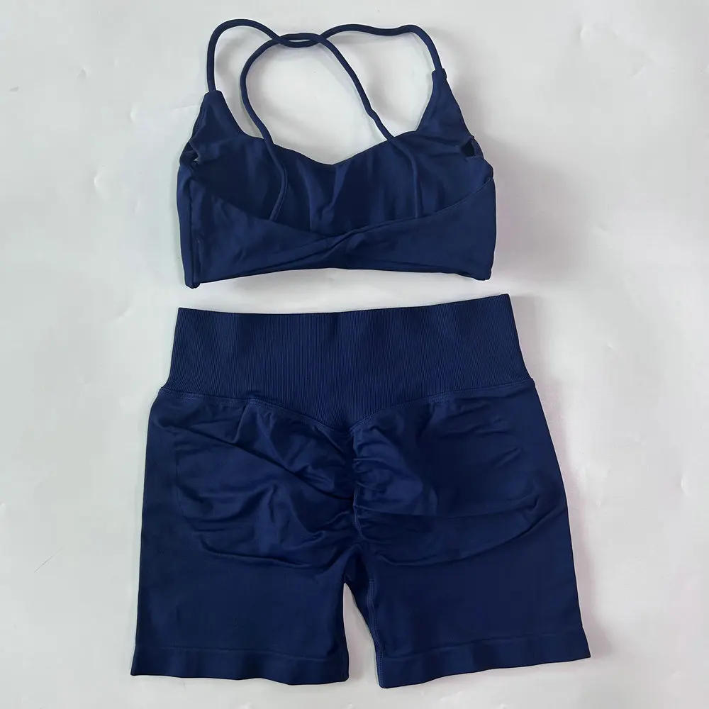 2-teiliges Set Damen-Outfit, nahtloser Yoga-BH mit Riemchen und Twist-Rücken, Scrunch-Shorts, Sportanzug, Fitness- und Gym-Kleidung, Yoga-Set – Detail 13
