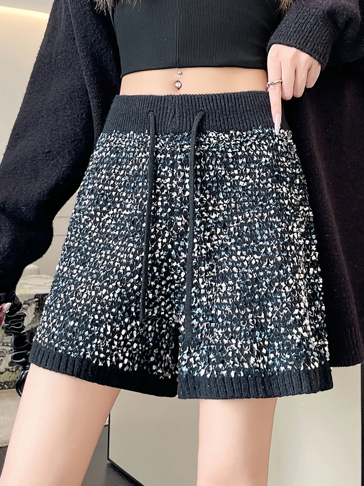 가을과 겨울에 입는 여성용 작은 향기 스타일 스팽글 니트 반바지, 루즈핏 다용도 A라인 와이드 레그 바지