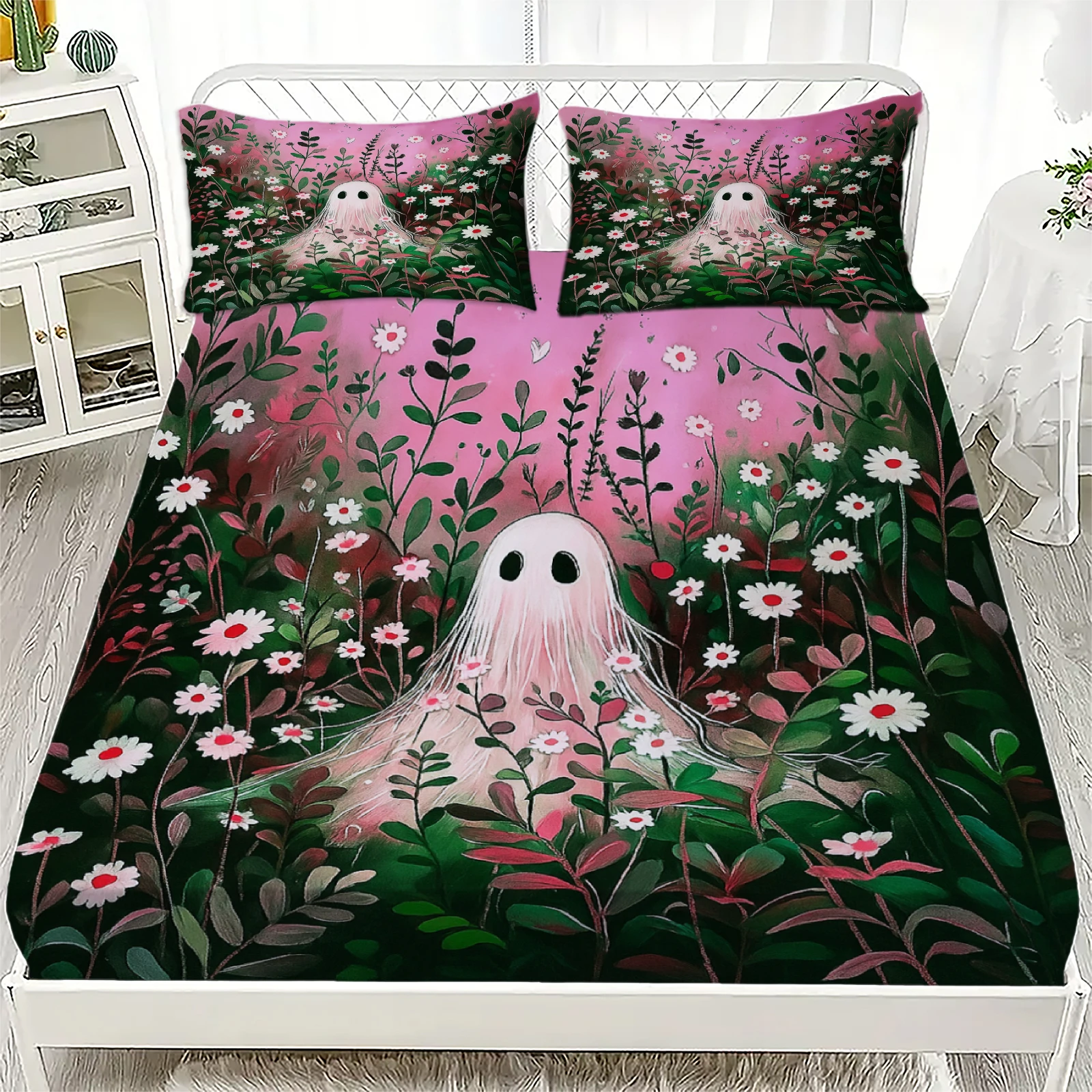 3pcs Halloween Fitted Sheet Set Black Cat Ghost Print 100% Polyester Soft Bedding Set for Home Halloween Decor with 2 Pillowcase