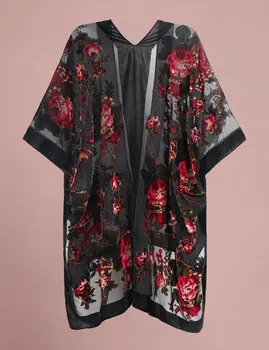 Cardigan lungo in velluto burnout da donna in stile bohémien con copricostume da spiaggia, cardigan di lusso per le vacanze, scialle, nappa, chiffon 10 best sales kimono di chiffon - №4
