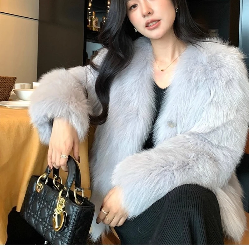 معاطف ثعلب طبيعي من YOLANFAIRY معاطف نسائية شتوية دافئة ورقبة على شكل حرف v وأكمام طويلة على الطراز الكوري معاطف فرو ثعلب كاملة حقيقية للسيدات 2025