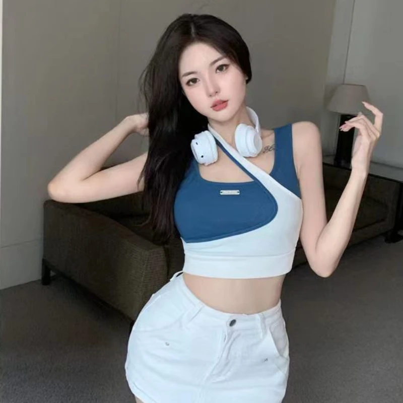 Réservoirs Femmes Nouvelle Arrivée Tendance Patchwork Design Doux Irrégulière Licou Intérieur Nombril Crop Top Sexy Mode Harajuku Haute Rue