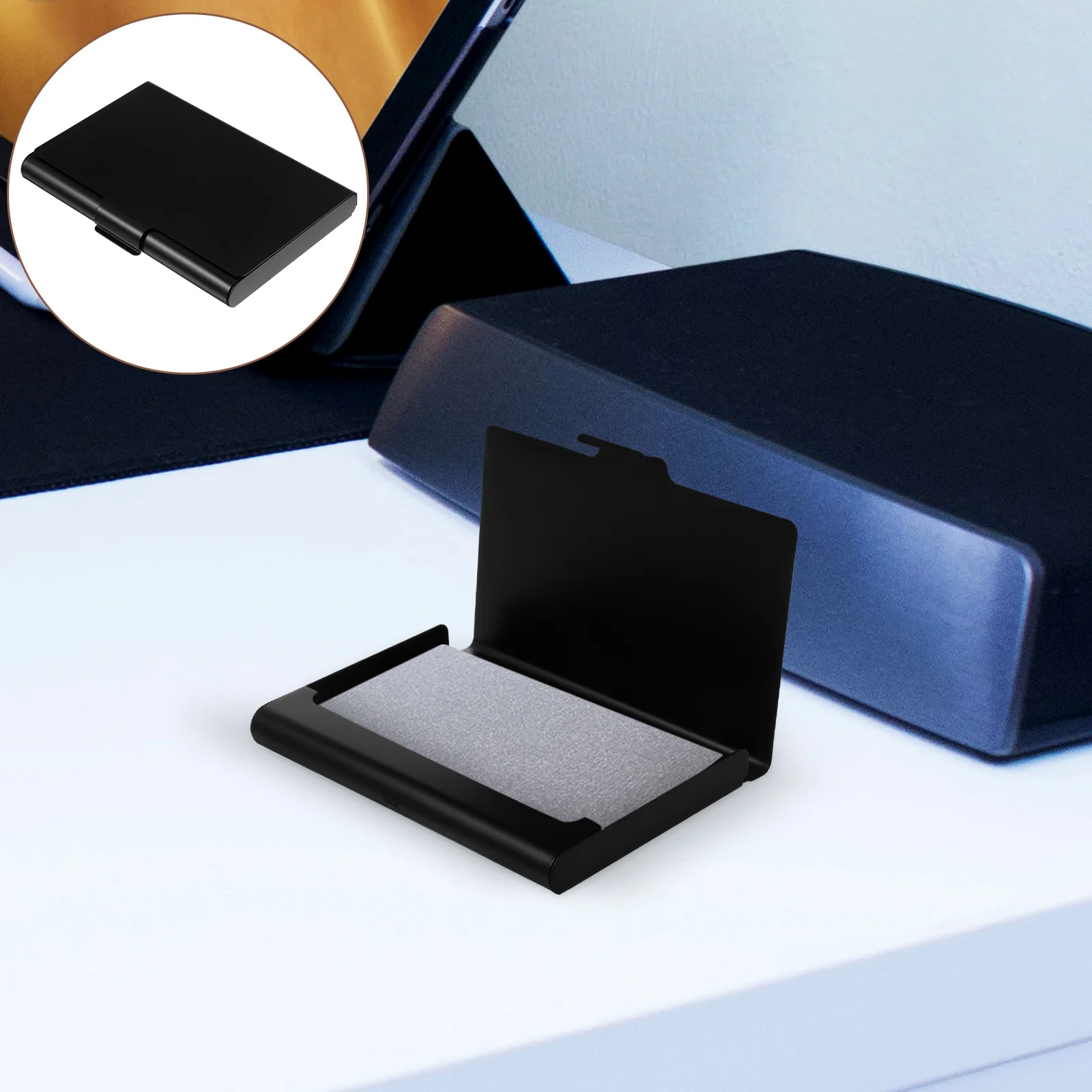 صندوق بطاقات العمل سبائك الألومنيوم المحمولة متعددة الوظائف حامل لمكتب مكتب حقيبة للتخزين بطاقات الزيارة اسم الحاويات