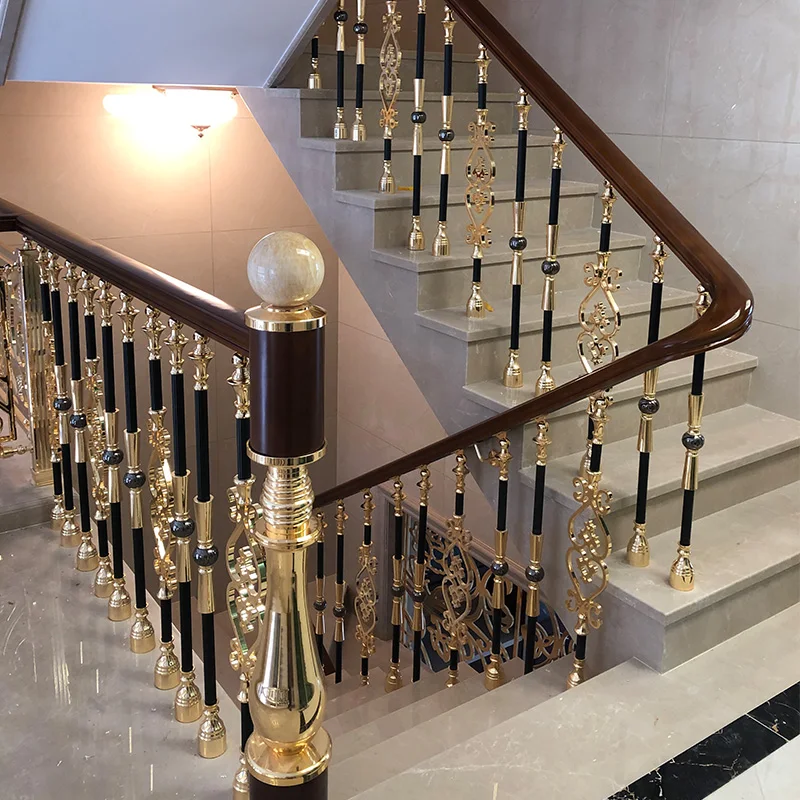 Villa stairs handrails light luxury aluminum art indoor household aluminum alloy new Chinese column fence solid wood guardrail