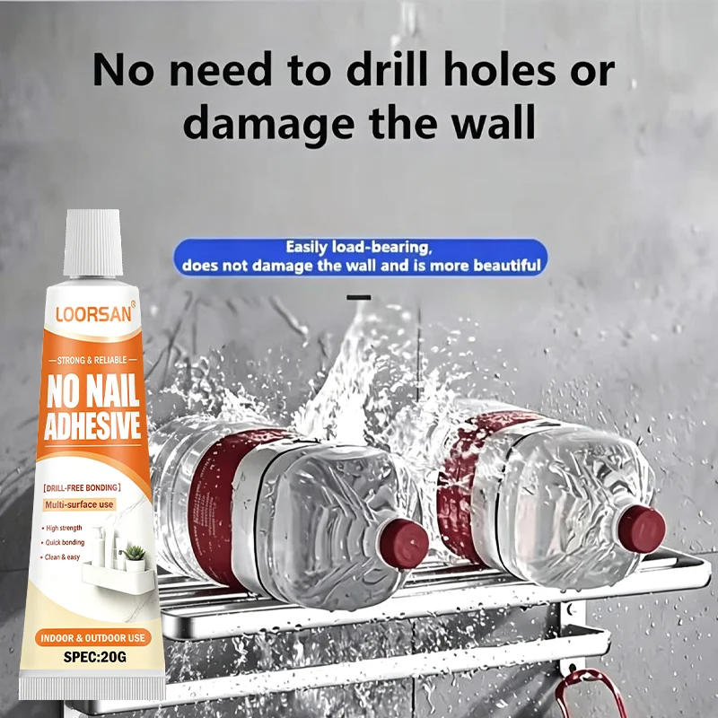 LOORSAN Nail Free Adhesive Strong Bond No Drill Glue For Wall Hooks Bathroom Kitchen Tile Metal Wood Glass Home Repair 20G