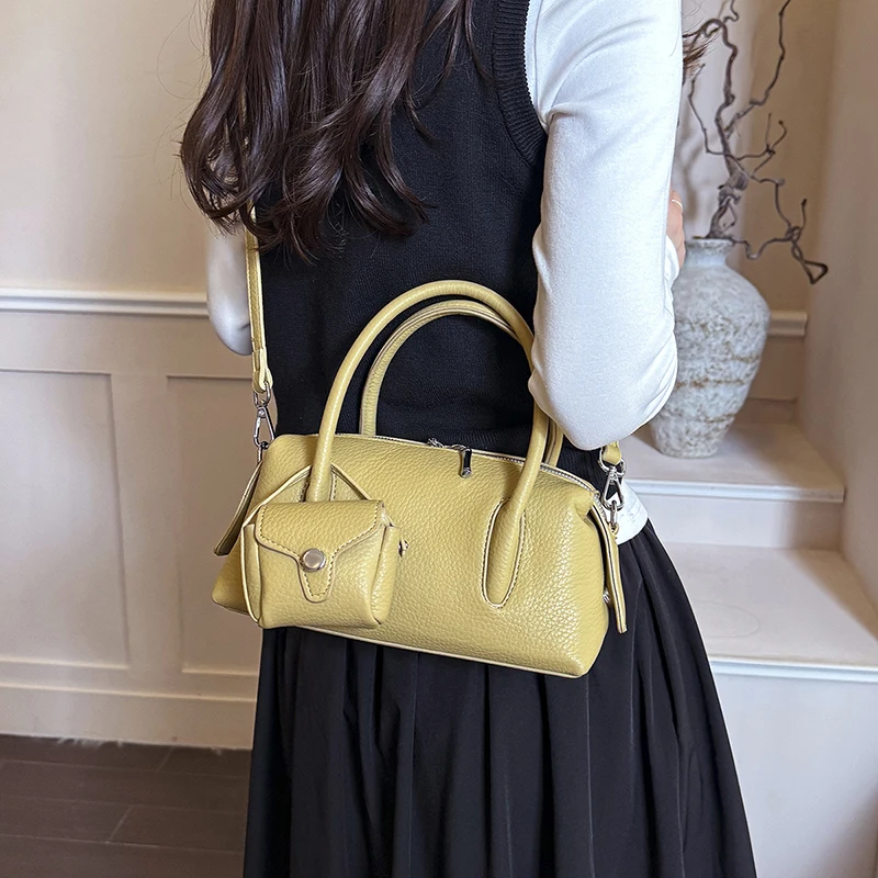 2 in 1 Women Boston Bags Litchi PU Leather Handbag Casual Detachable Shoulder Strap Crossbody Bowling Bag for Ladies Daily Use