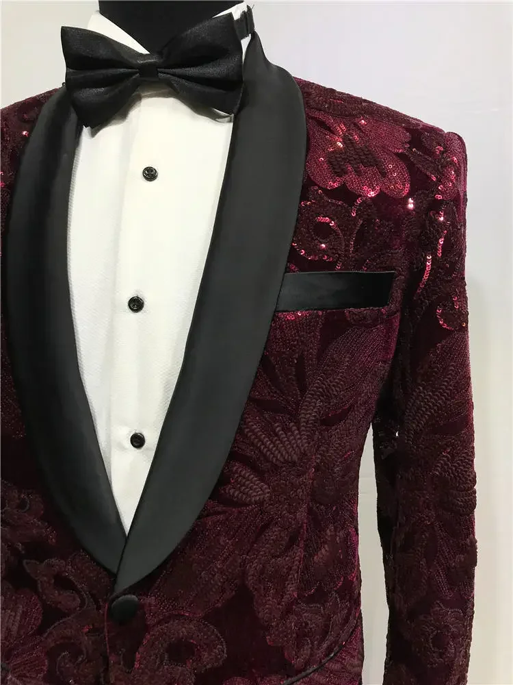 

Red Beaded Suit Tuxedo Jacket +black Pant Mens Stage Wear Mens Tuxedos Wedding Plus Size 4XL Red Groom Suit