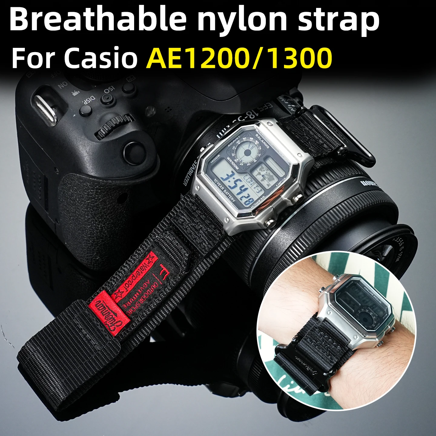 AE1200 Mod kit stainless steel case & nylon strap For Casio small square AE-1200 1300 WS-1600 Modified Men watch bezel band set