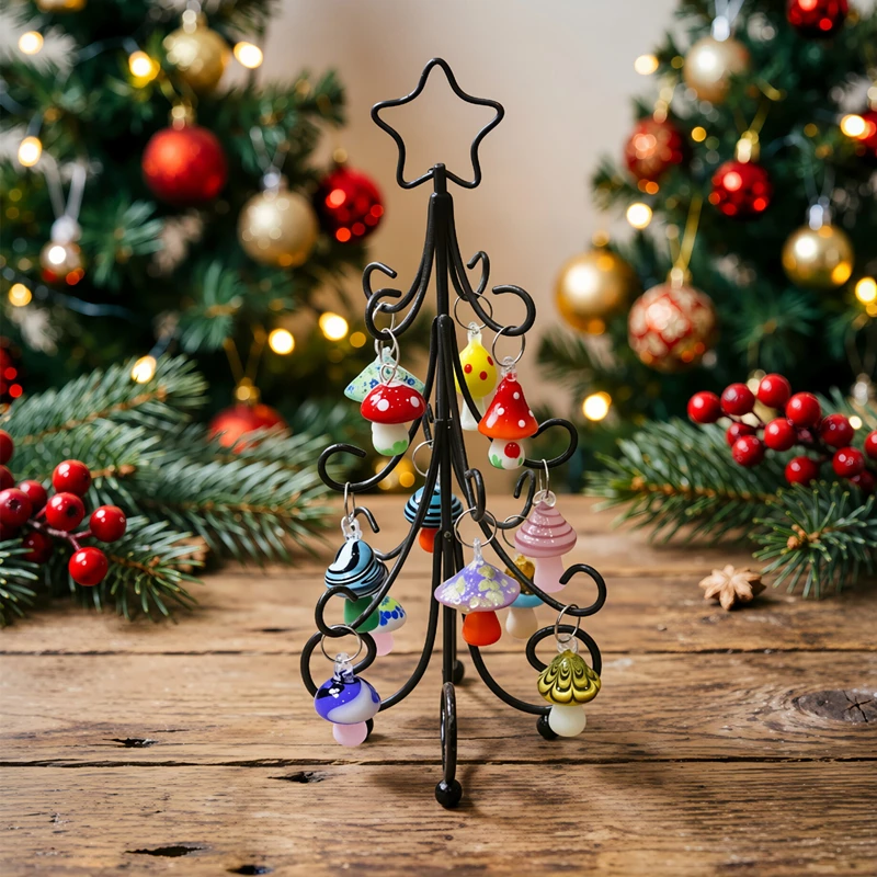 

Bronze Iron Christmas Tree Ornaments With 12pcs Colorful Cute Mini Mushroom Glass Pendants Accessories Home Tabletop Xmas Decor