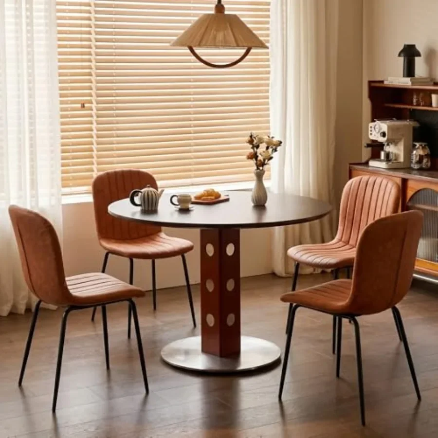 Dining Chair Set of 4, PU Leather Upholstered Seat with Metal Legs, Mid-Century Style, Beige, Modern Comfortable Curved Backres