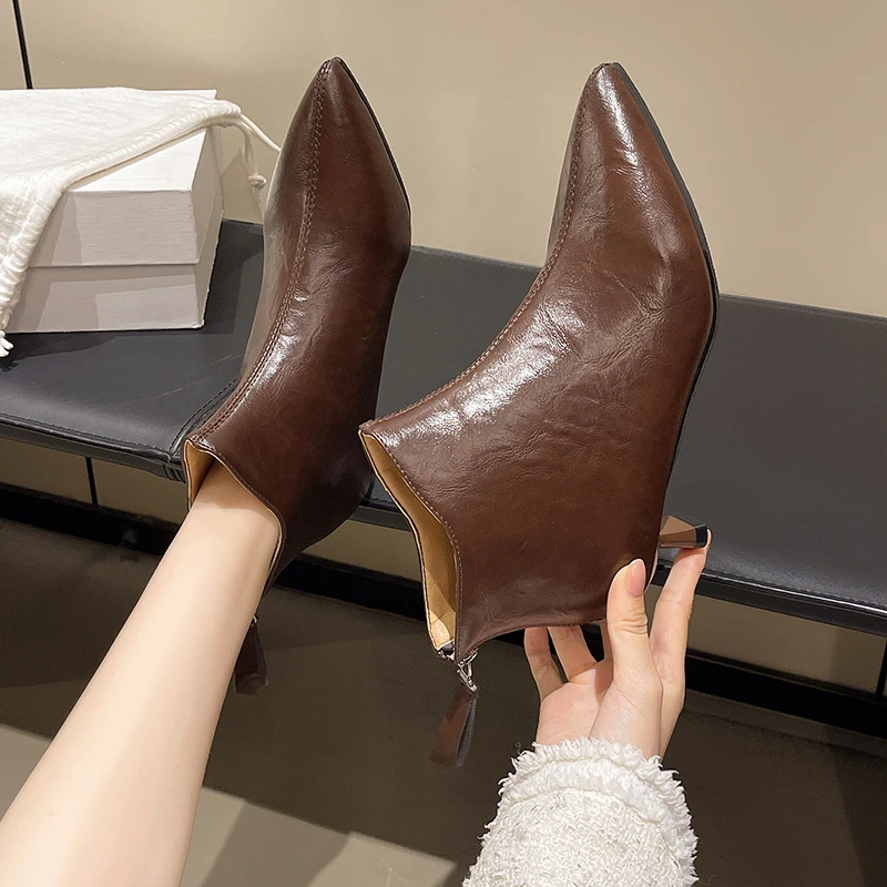 Fashion Naked Boots Spring and Autumn New Pointed Toe Back Zipper Anti-slip Wear-resistant Stiletto Shoes