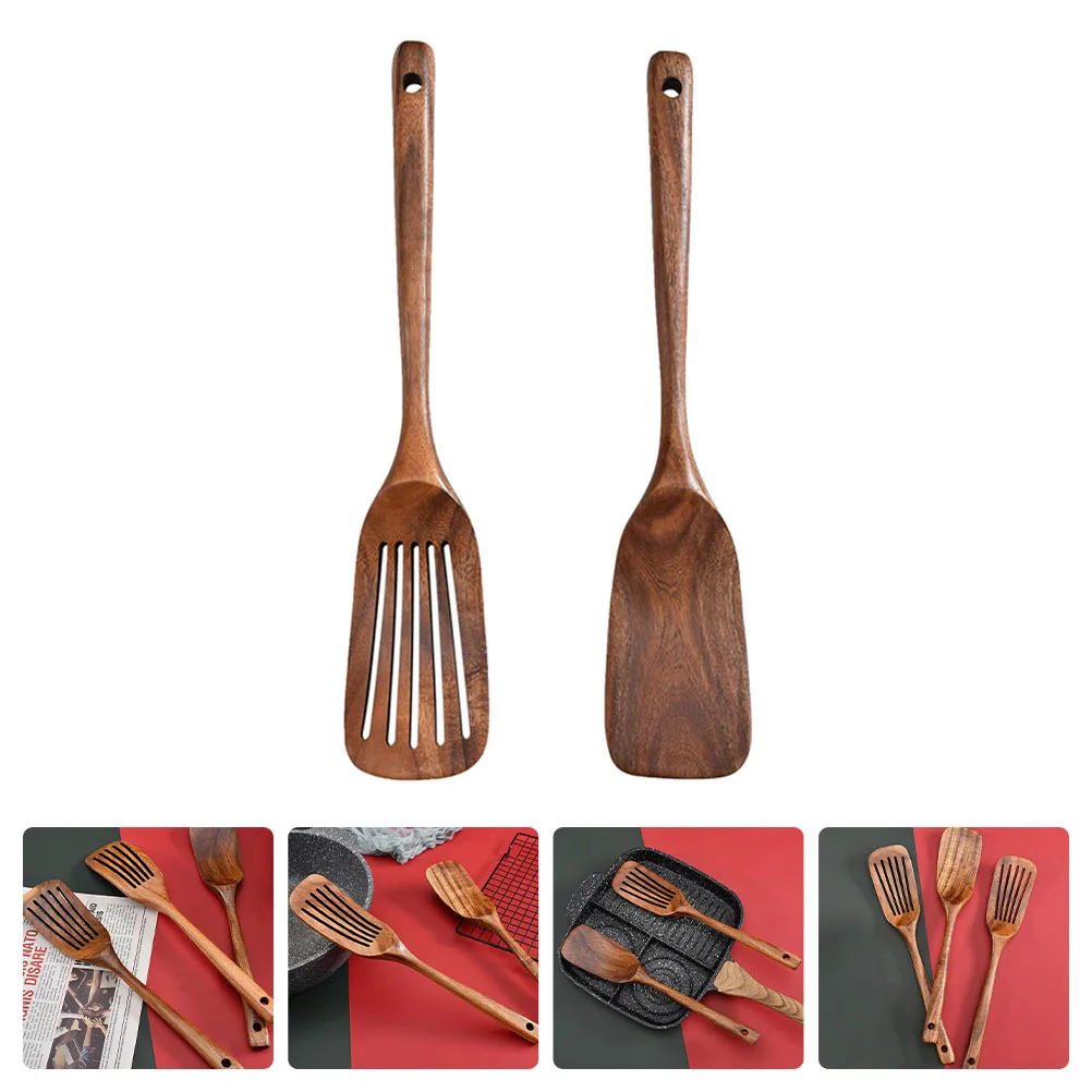 2Pcs Wooden Spatula Set Non-Stick Kitchen Utensil Heat-Resistant Long Handle Cooking Tool Creative Design Hanging Hole