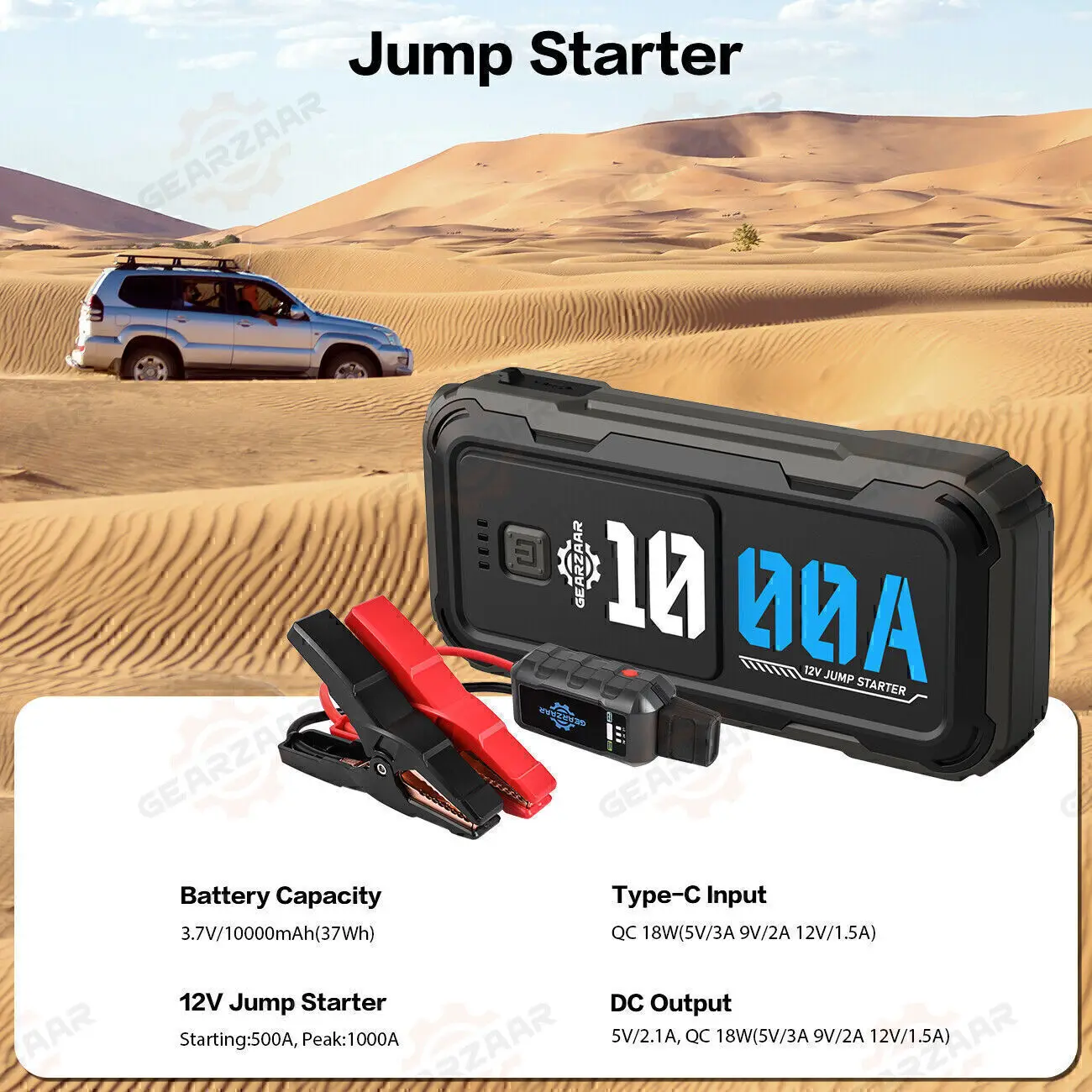 1000A Peak Amp Jump Starter Battery Pack 12V Battery Jump Starters w/ LED Light