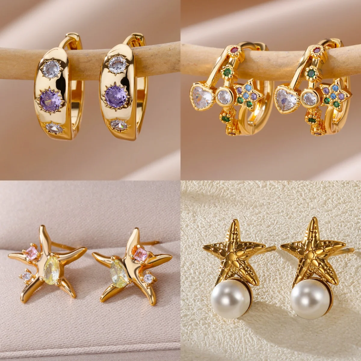 Klassische Ohrringe mit Imitationsperlen in Goldfarbe für Damen, Stern-Design mit Bunten Zirkonia, Retro-Schmuck, Kostenloser Versand