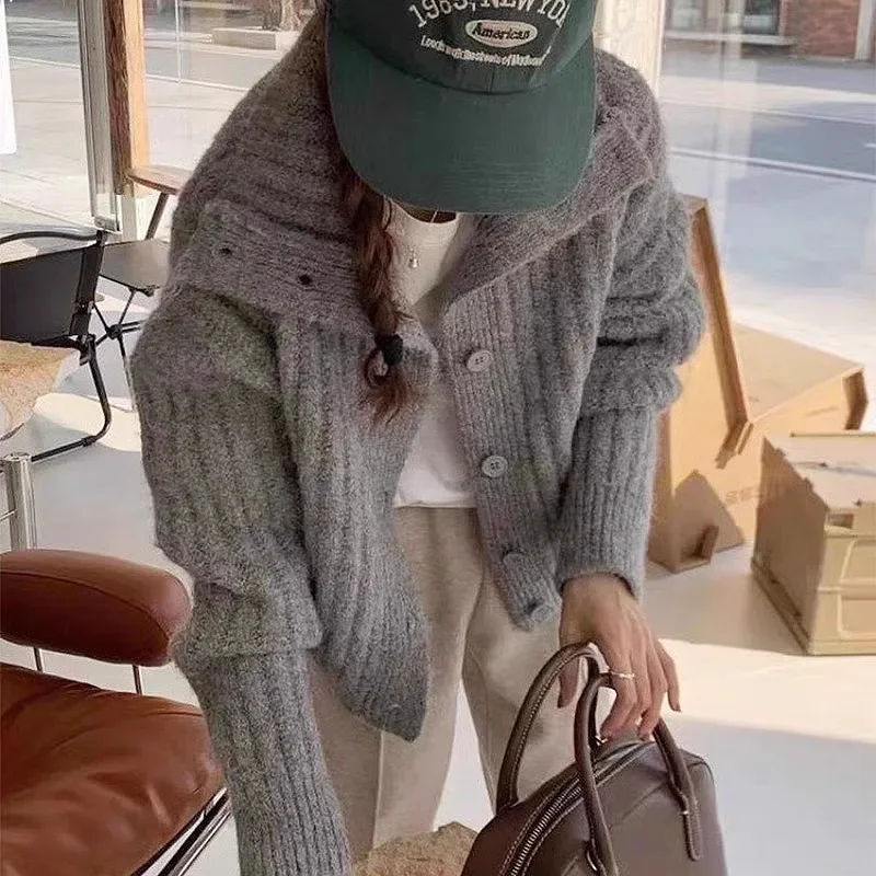 

Winter High Collar Open Cardigan Soft Cozy Single Button Thick Line New Loose Simple Lazy Style Women's Sweater