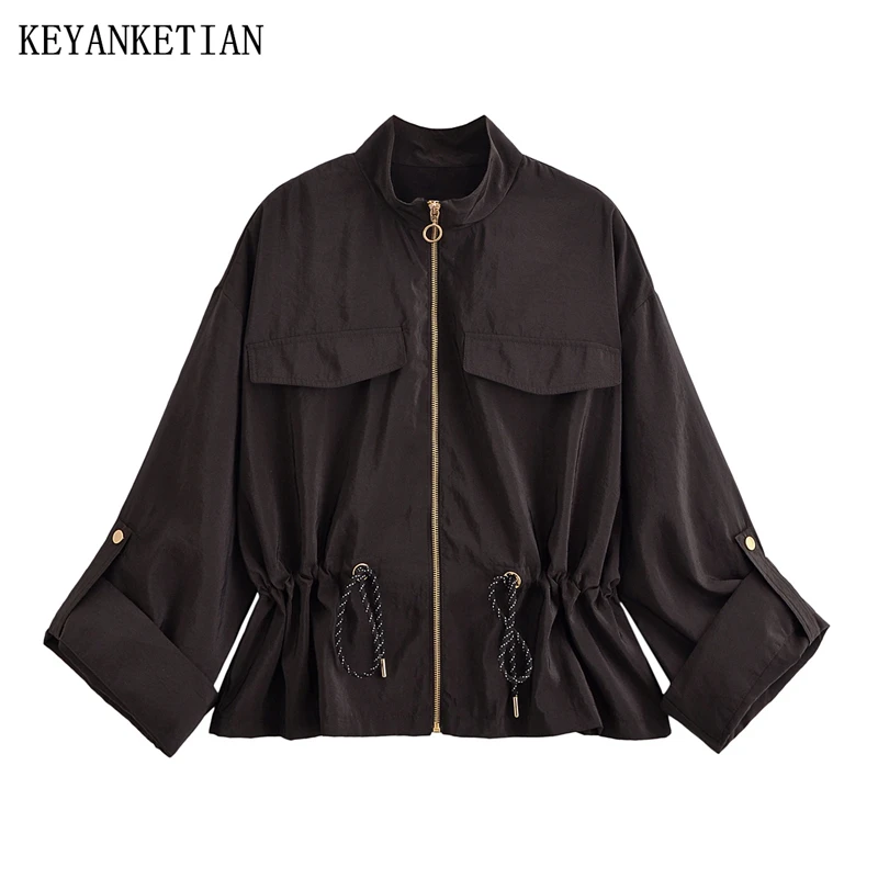 KEYANKETIAN Autumn New Women's Standing Collar, Front Zipper, Adjustable Sleeves, Drawstring Waist, Workwear Jacket Women