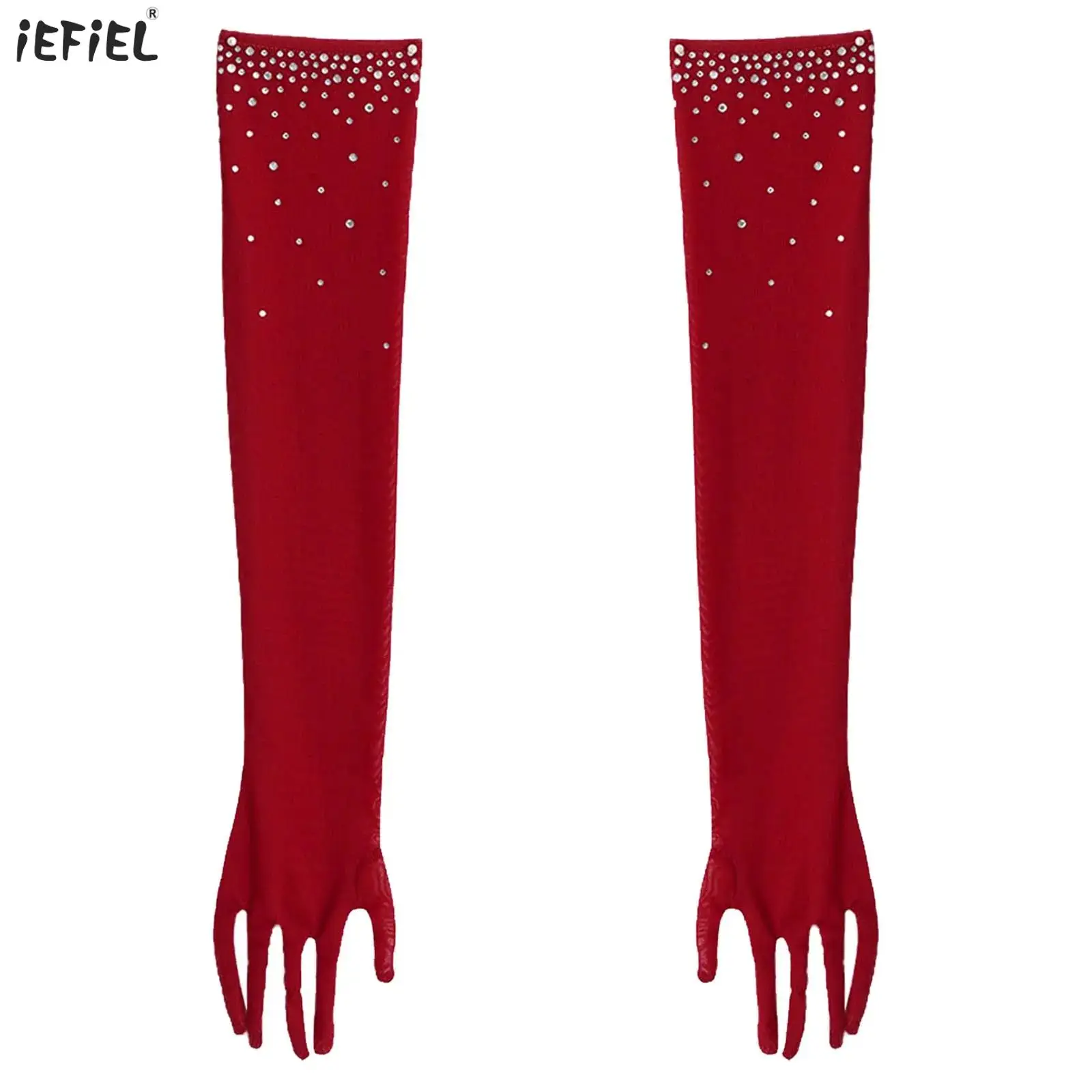 

1 Pair Kids Girls Dance Gloves Glittery Rhinestones Five-Finger Full-Length Mesh Gloves for Tango Samba Latin Jazz Accessories