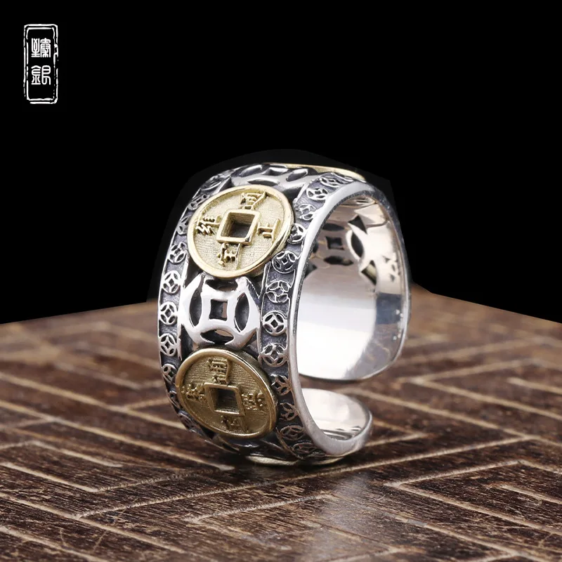 

S925 Silver Retro Old Bronze Coin Ring Personalized Sterling Silver Five Emperors Money Index Finger Ring One Size Adjustable Si